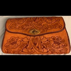 Leather embossed and tooled crossbody